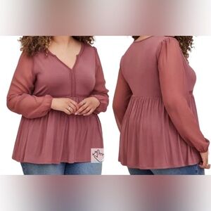 Torrid Super Soft Mixed Media Babydoll Sheer Balloon Sleeve Mauve Pink Top 3